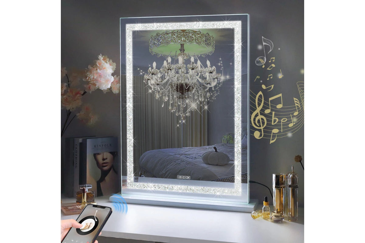 FENCHILIN Crystal Hollywood Mirror With Lights Bluetooth Vanity Makeup Mirror with USB Charge Standing 80CM Wall-Mounted