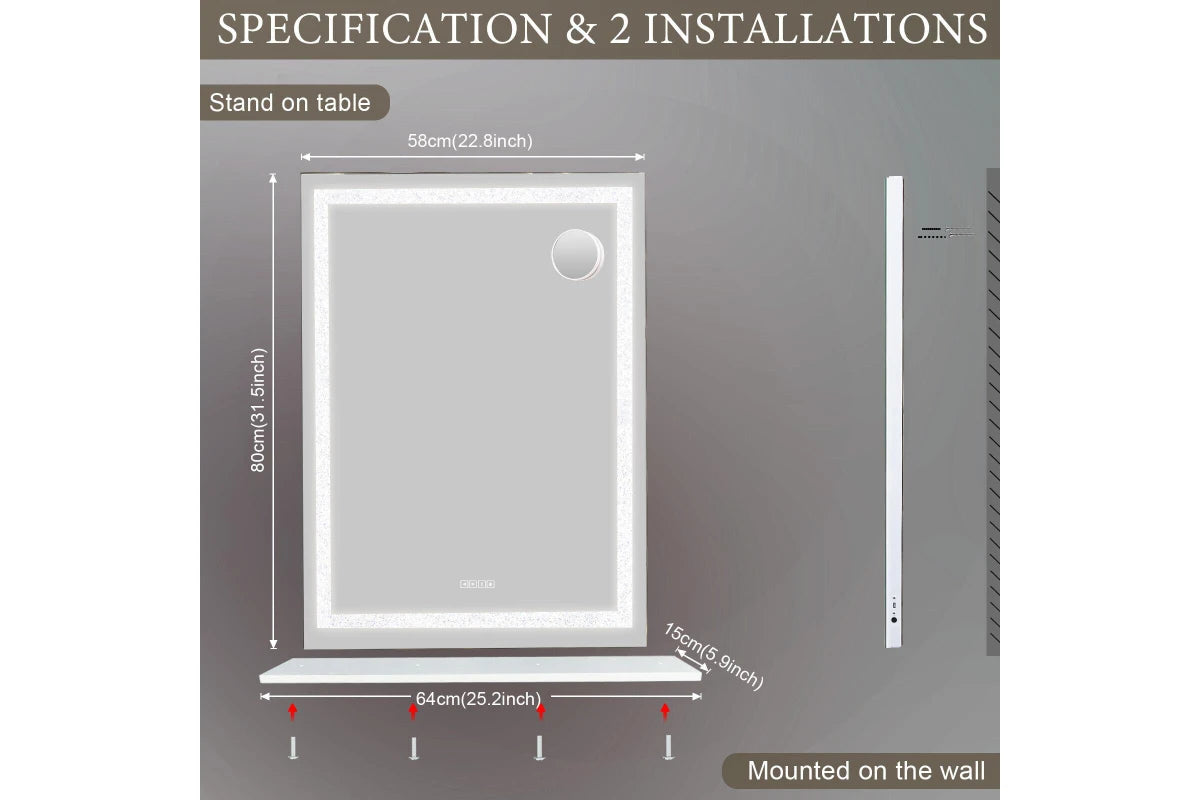 FENCHILIN Crystal Hollywood Mirror With Lights Bluetooth Vanity Makeup Mirror with USB Charge Standing 80CM Wall-Mounted